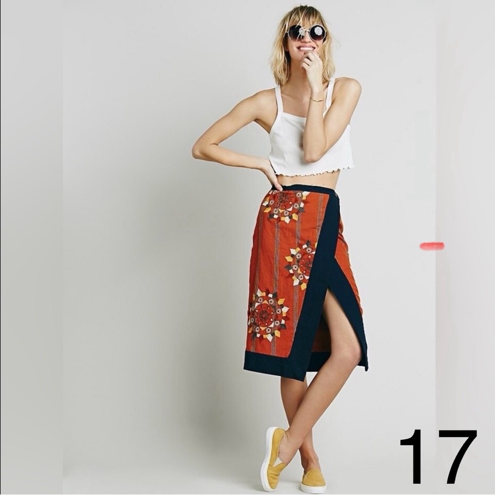 Free People Orange and Black Embroidered Pencil Skirt